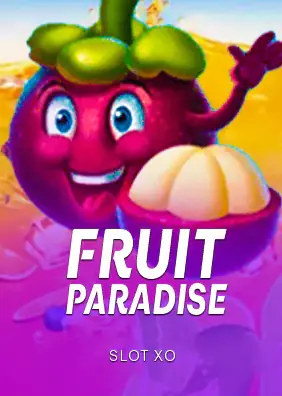 ปกเกม Fruit Paradise ภาพมังคุดการ์ตูนตาโตสีชมพูอมม่วง