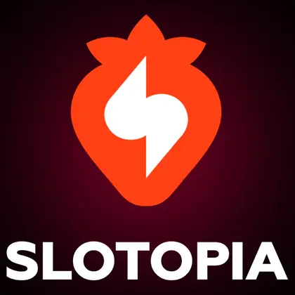 โลโก้ Slotopia รูปสตรอว์เบอร์รีสีส้มบนพื้นดำ